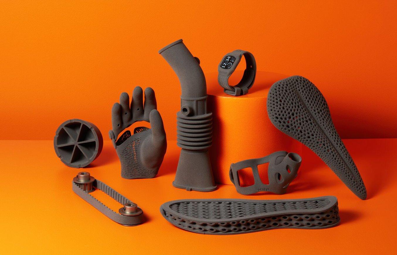 Various parts printed with TPU 90A Powder on the Fuse Series SLS 3D printer.