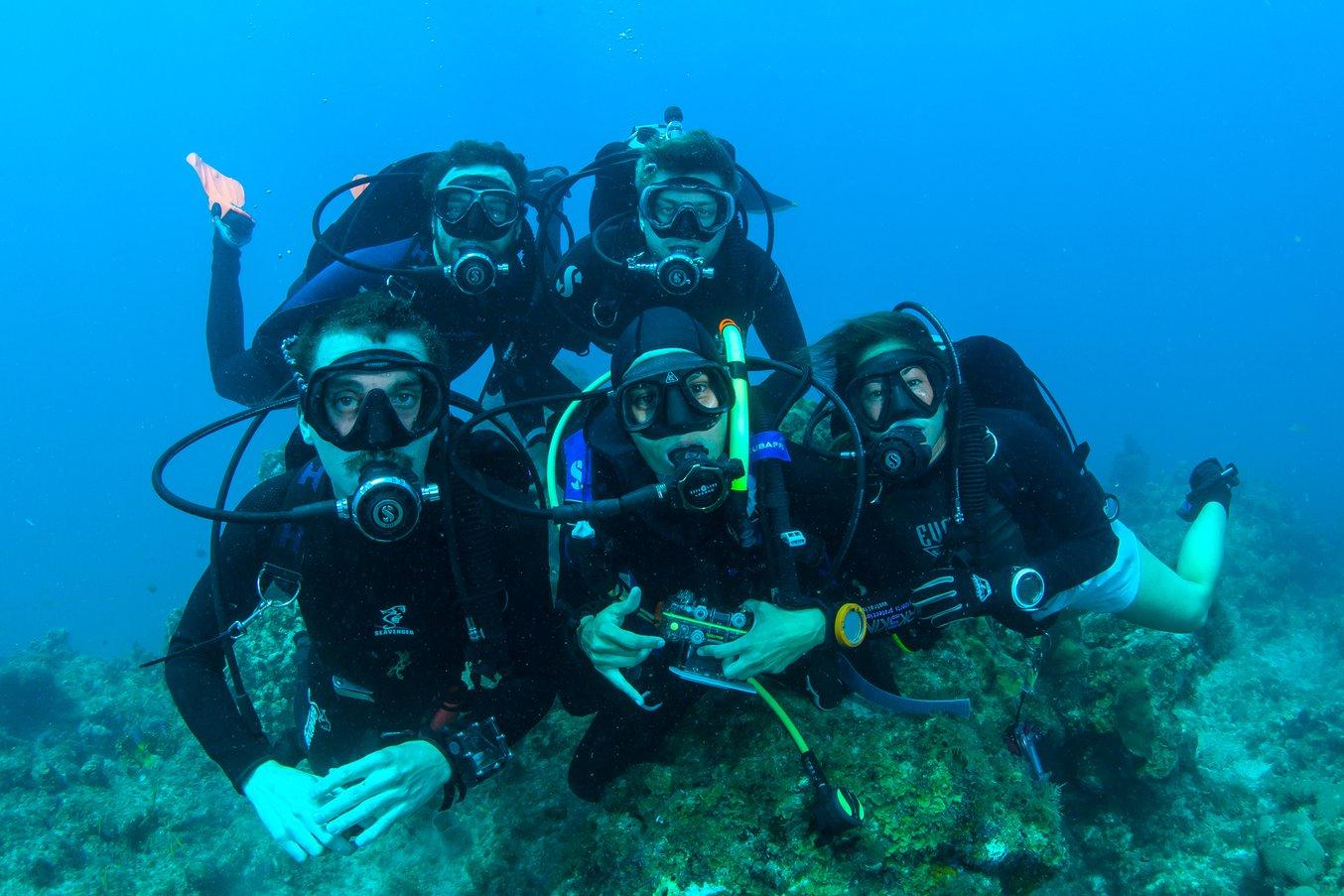 Fünf Mitglieder des Forschungslabors in Tauchausrüstung unter Wasser.