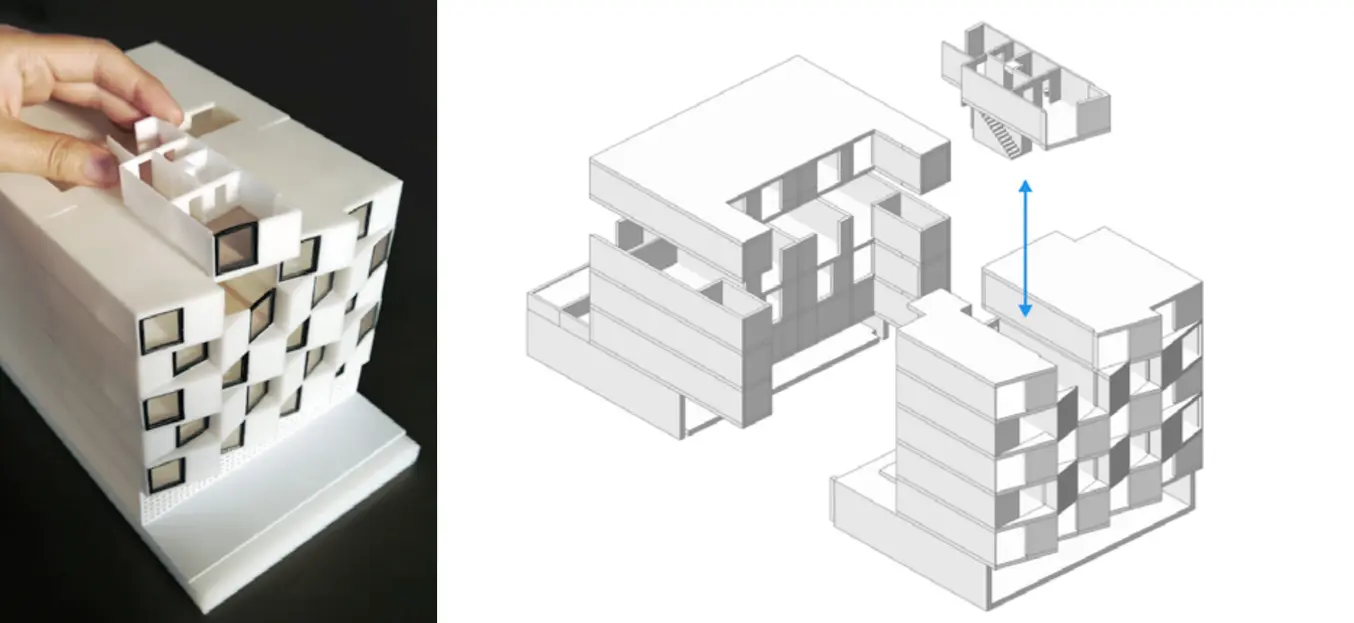 Étant donné que chaque pièce correspond au même design, il est logique d'imprimer une unité amovible pour permettre au client de comprendre la typologie générique de l'unité. Modèle de Stanley Saitowitz | Natoma Architects Inc.