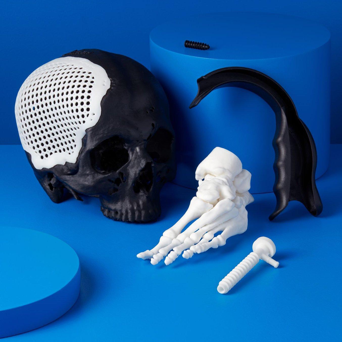 Black and white 3D printed skull and other parts