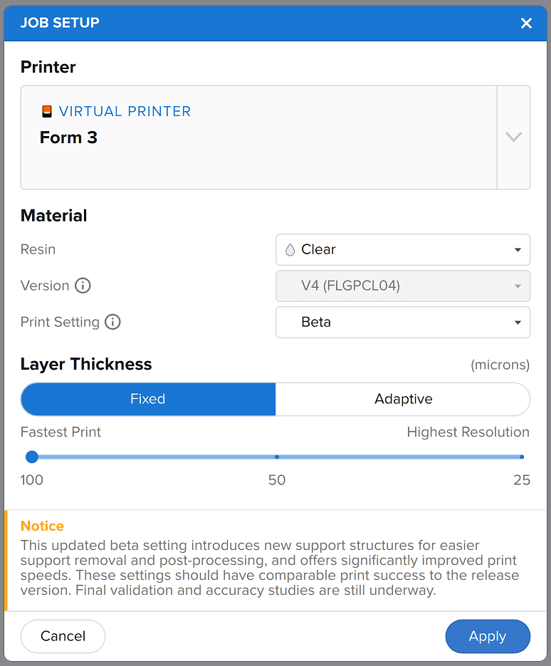 In PreForm erhalten Sie durch Auswahl der Option „Beta“ unter „Print Setting“ (Druckeinstellung) Zugriff auf zusätzliche Funktionen.