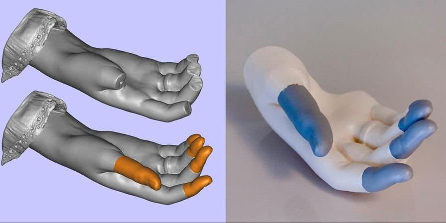 Mercante ha ricostruito le dita mancanti di una scultura funeraria in marmo partendo da una scansione 3D della mano rotta e da un modellino di gesso. Ha testato le parti su una replica stampata in 3D della mano prima di attaccarle alla scultura.