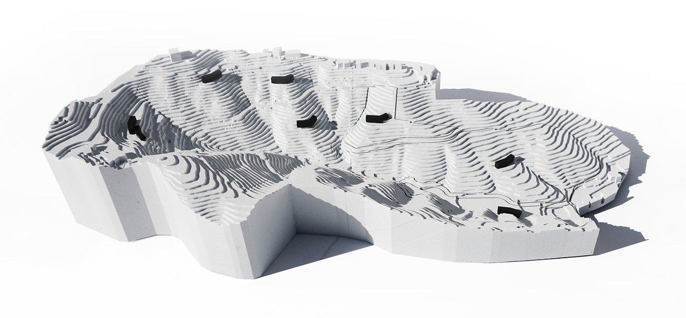 For one project, the sloping site was important to communicate to the client, so Laney LA 3D printed a topographic model that highlighted increments of two-foot elevation changes.