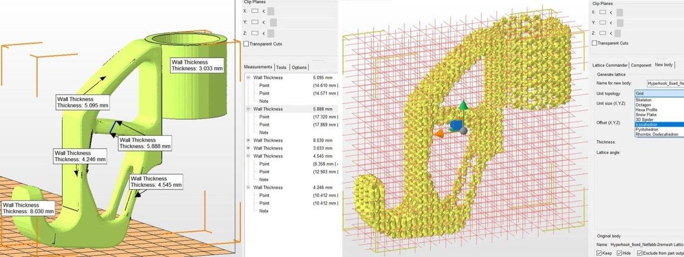 Advanced Netfabb functions: wall thickness analysis and lattice structures.
