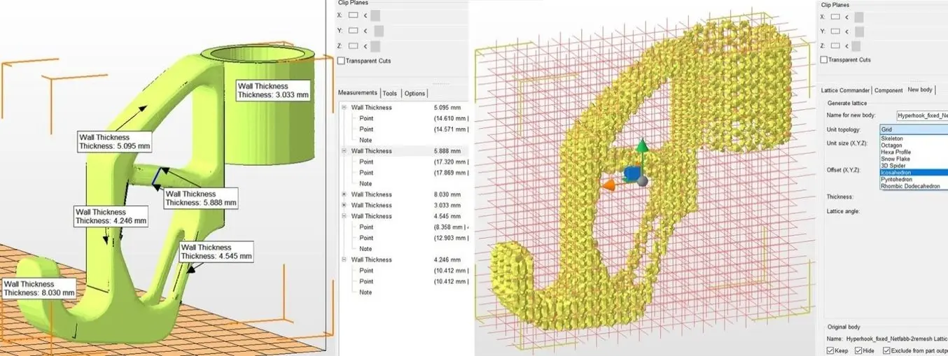 Fortgeschrittene Funktionen in Netfabb: Wanddickeanalyse und Gitterstrukturen.