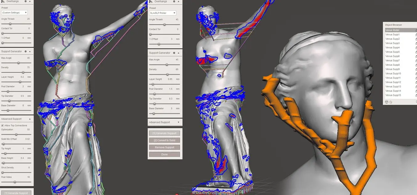 Las estructuras de soporte generadas por la impresión 3D por FDM y SLA se pueden reducir al mínimo indispensable en las zonas muy detalladas.