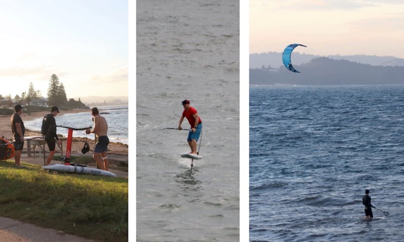 three photos of people foiling on the water