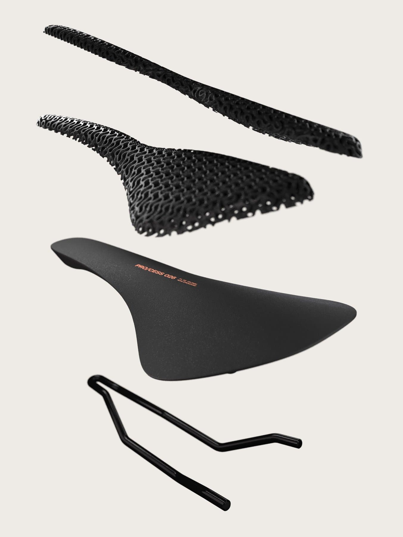 The bicycle saddle to be created consists of two 3D printed cushions, a base printed from nylon 12 and a rail.