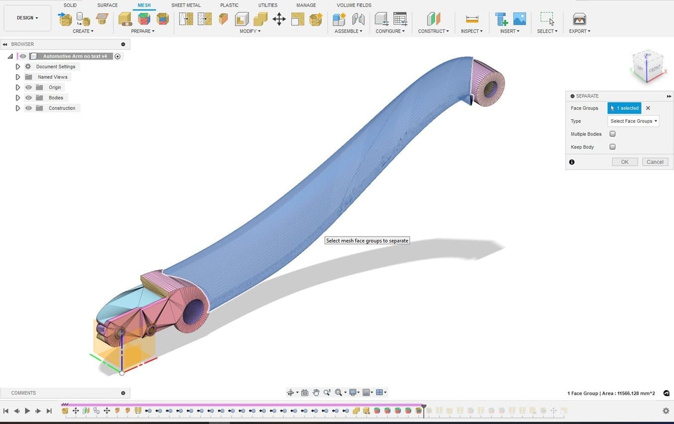 A 3D model in which mesh face groups are being used to isolate and separate the same geometry.