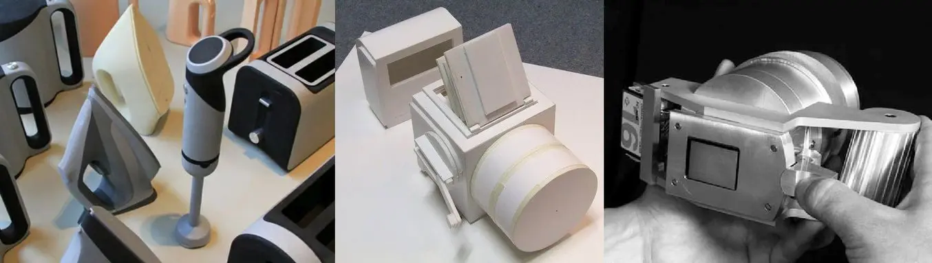 Testfähige Alpha-Prototypen in verschiedenen Detailausführungen: Links: Schaumstoffmodelle von Küchengeräten zur Abbildung der Optik. Zur Verfügung gestellt von Superior Prototype. Mitte: Modelle aus Schaumstoff/Pappkarton zur teilweisen Abbildung von Form