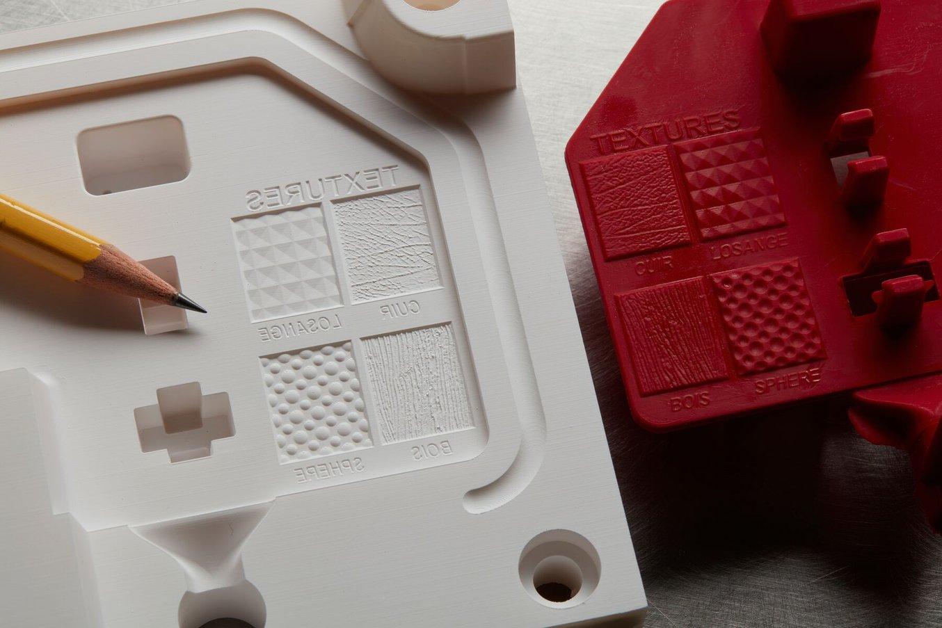 Textures on the Rigid 10K Resin 3D printed injection mold and the final molded part.