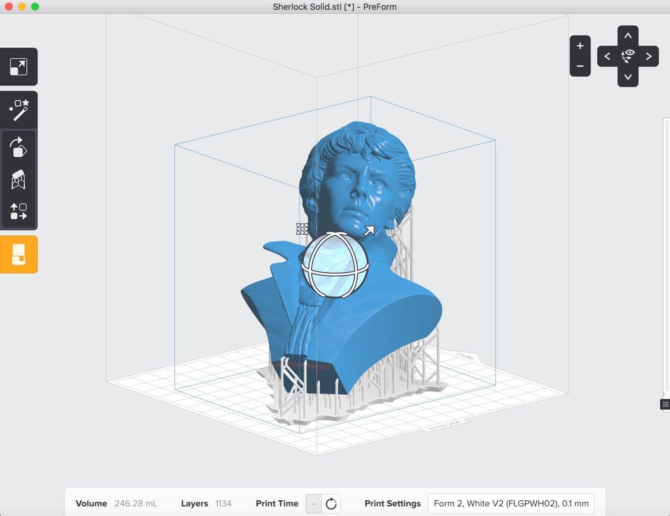 Orient the model in PreForm the way it’ll print the best, while keeping in mind the location of the prospective vent holes.