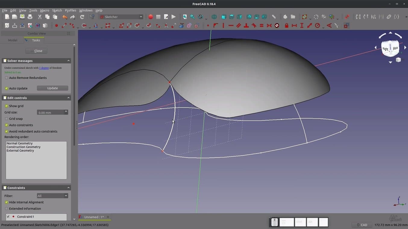 FreeCAD offre un repertorio iniziale di modellazione solida basata su vincoli, nonché funzionalità per la creazione di superfici.