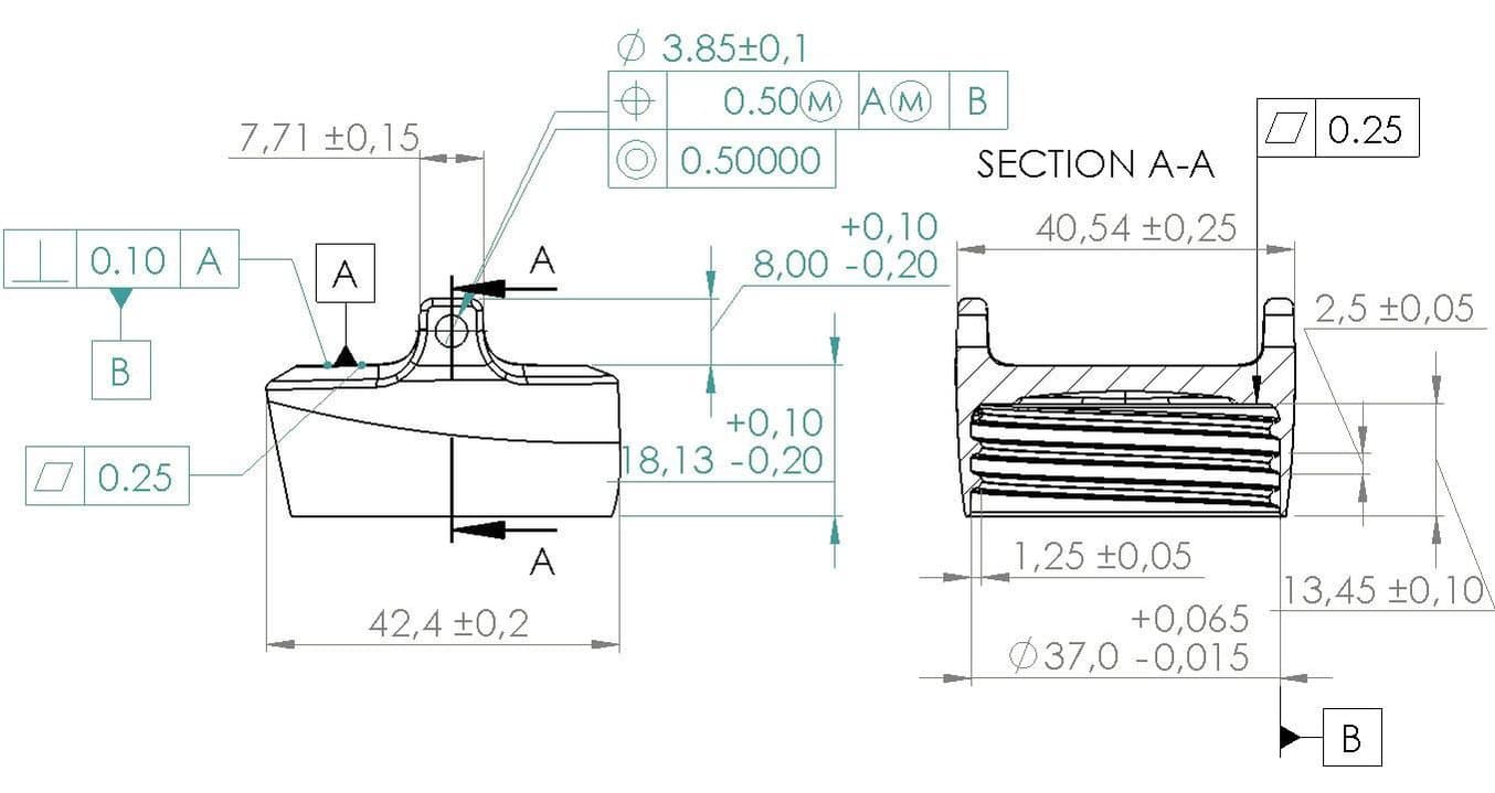 A properly toleranced manufacturing drawing.