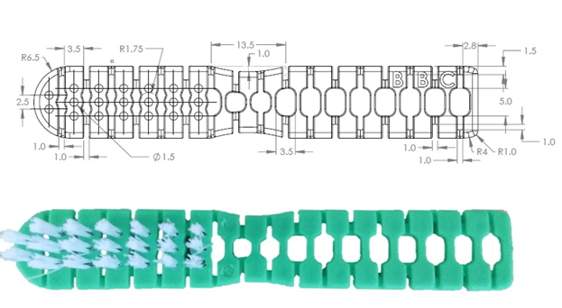 Die letzte Iteration und das finale Design der geketteten Sicherheitszahnbürste erhielt den Namen Exo-Frame.