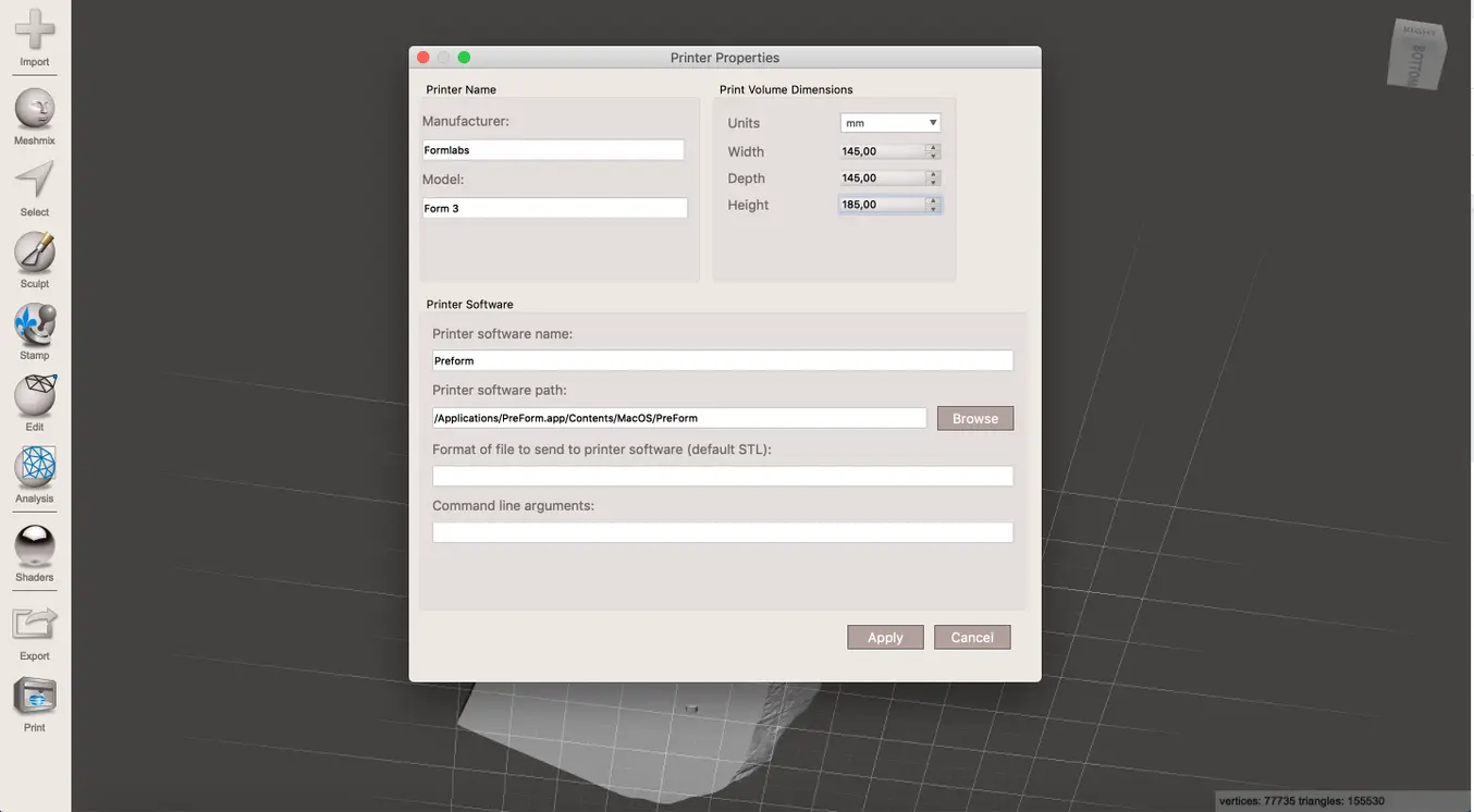 Meshmixer tutorial - Setting up printer properties in Meshmixer speeds up the workflow.