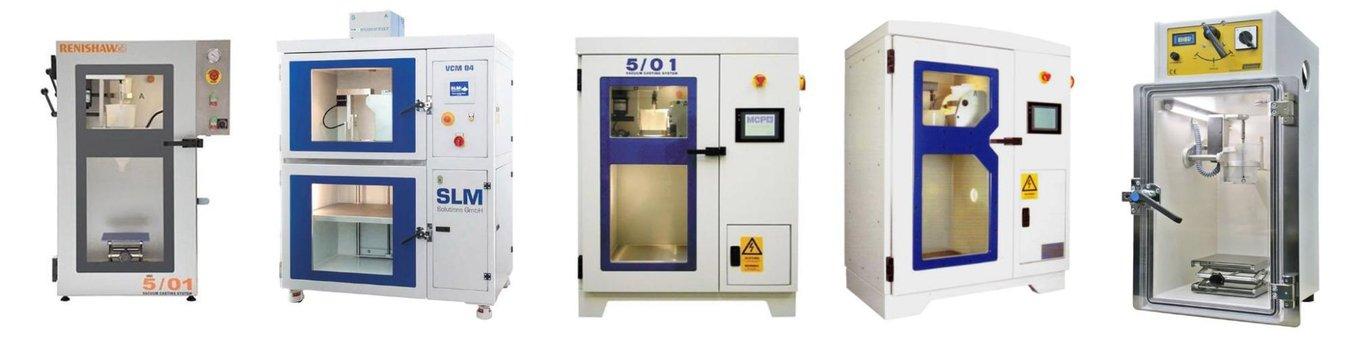 A line-up of vacuum casting machines by Renishaw, SLM, MCP, Scott AM, and Multistation.
