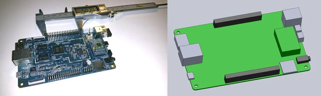 Vermessen Sie Ihr elektronisches Bauteil (links). Beginnen Sie Ihr 3D-Modell mit Basis-Boxen (rechts).