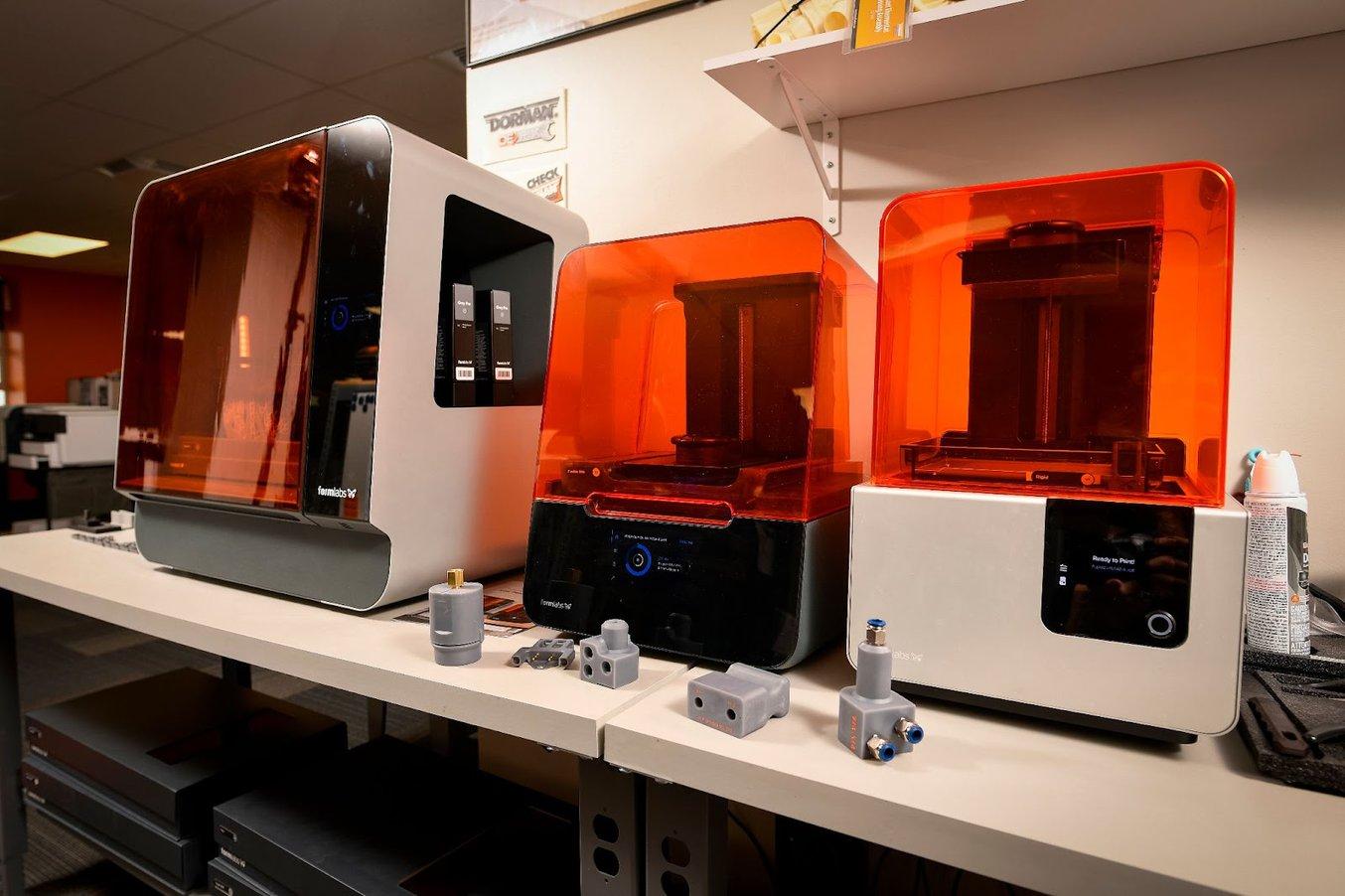 Dorman Products uses the Form 3L, Form 3+, and Form 2 stereolithography printers, seen here.