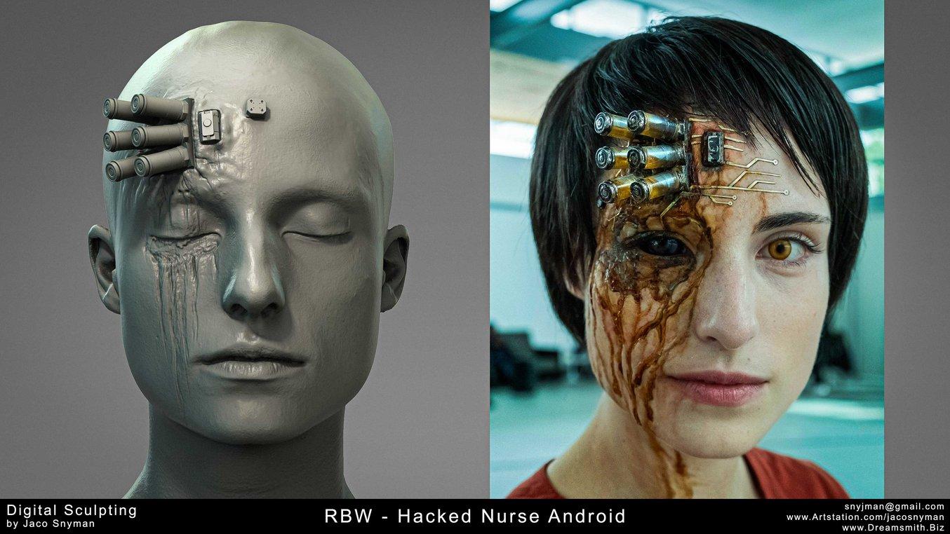 Gehackter Android in Raised by Wolves. Digitale Skulptur (links) und endgültige Prothese (rechts).