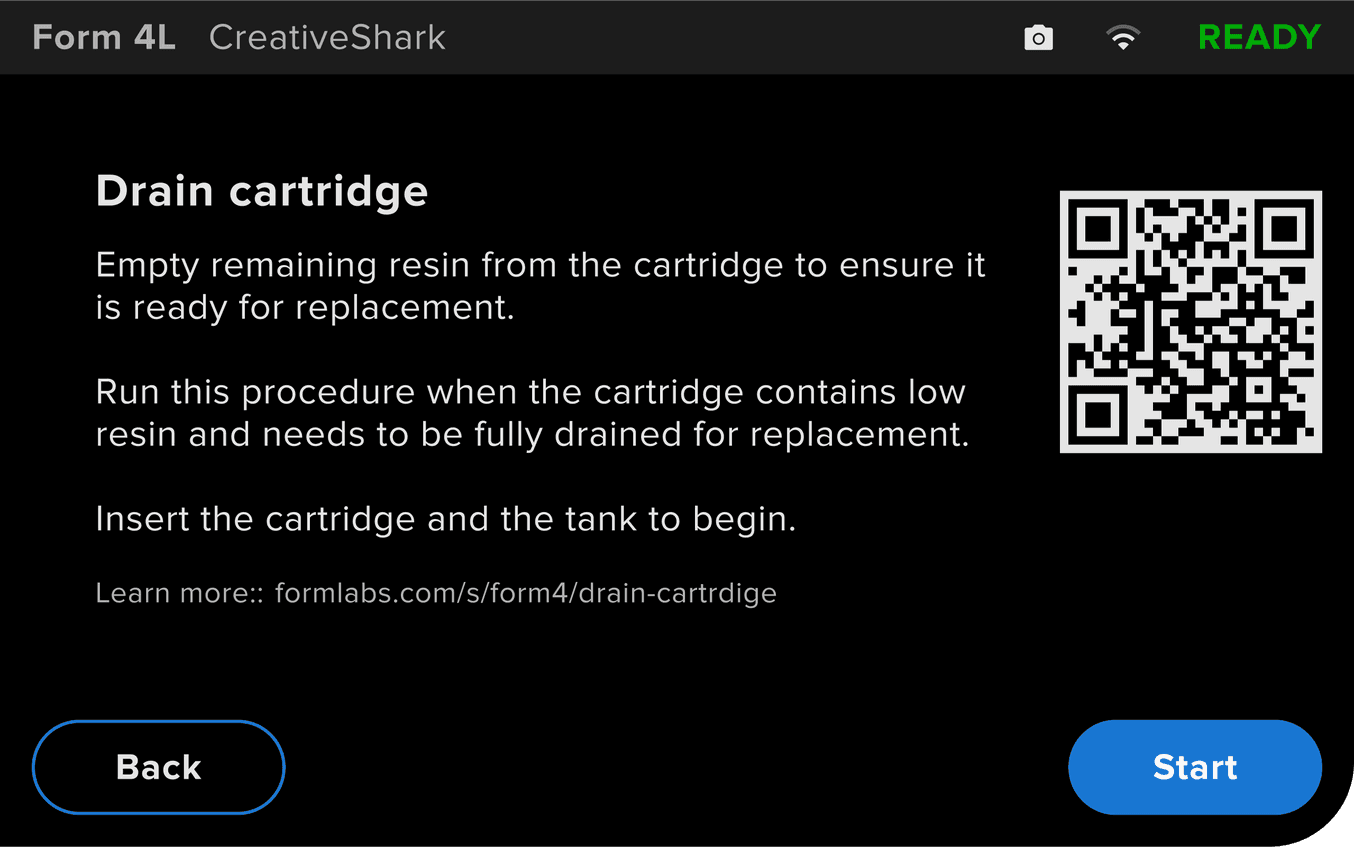 Screenshot of "drain cartridge" on a Form 4L 3D printer