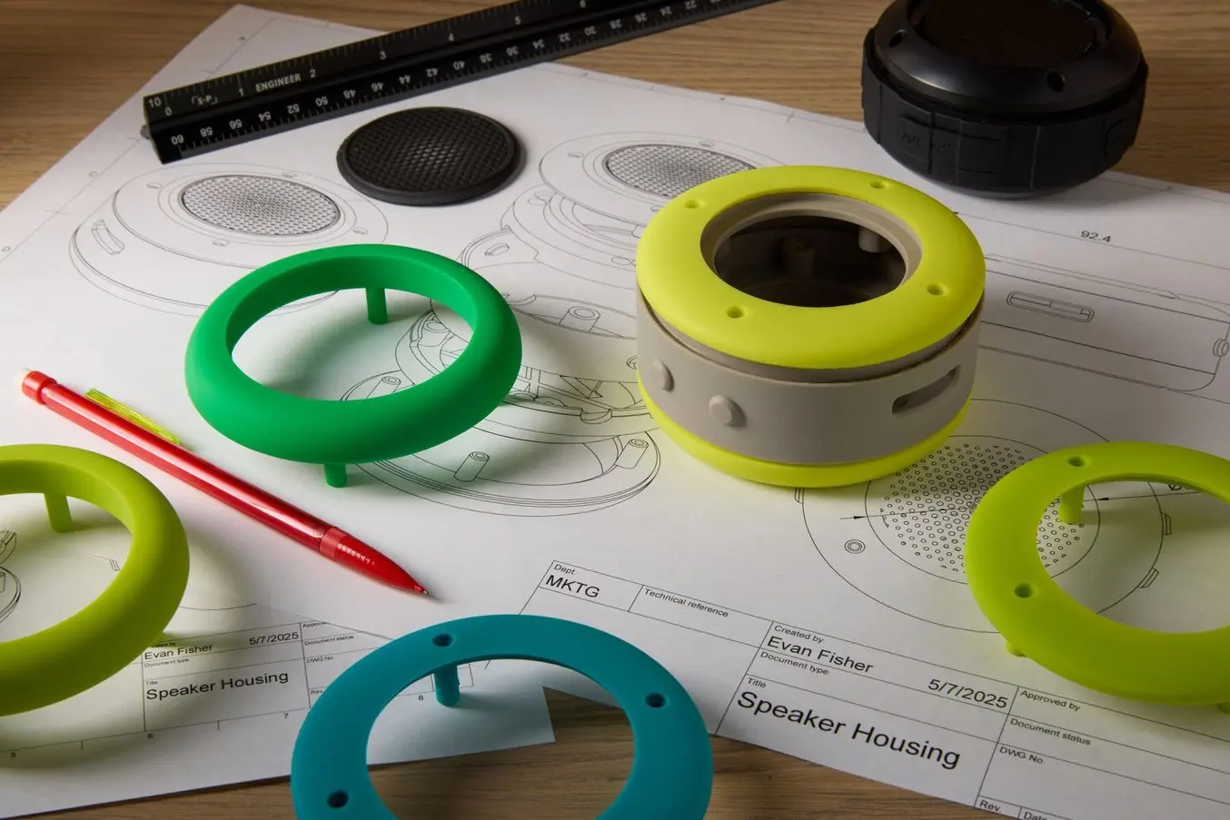 SLA 3D printed parts in various custom colors.