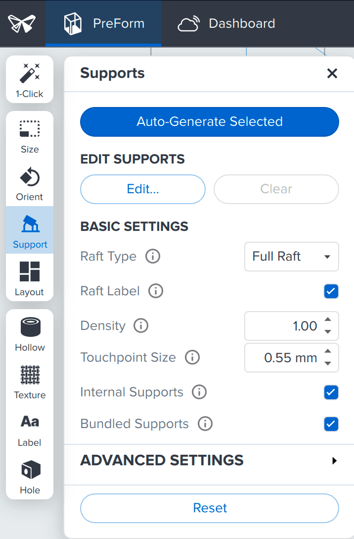 Screenshot of Supports menu in PreForm