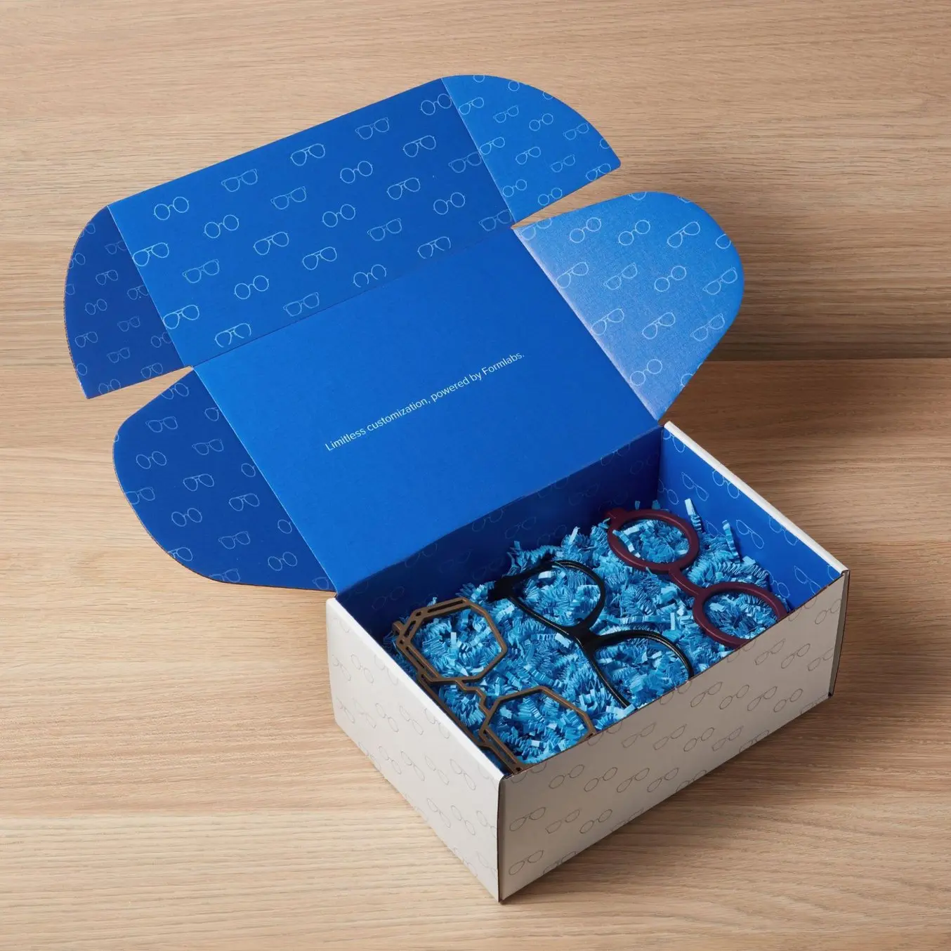 box of 3d printed eyewear