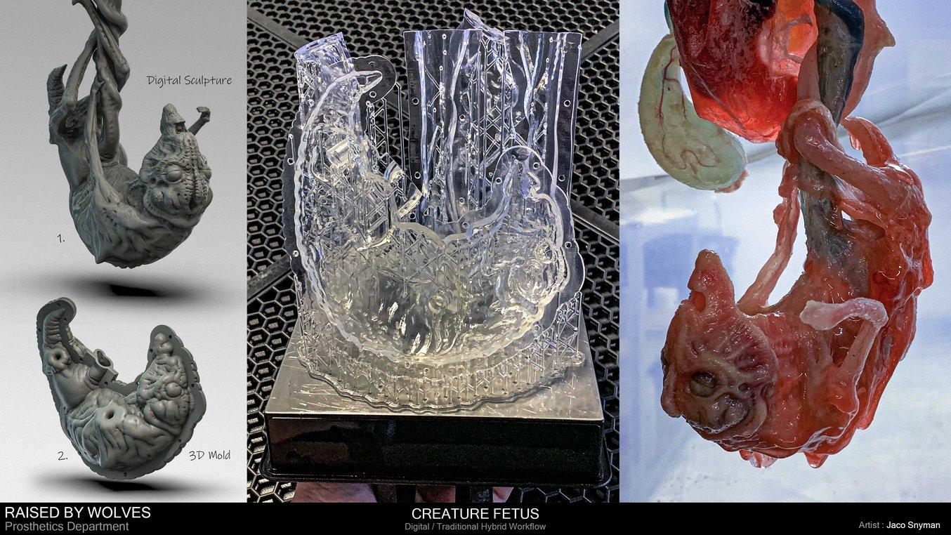 Requisitenherstellung mit 3D-Druck – Digitale Skulptur und digitale 3D-Form (links), 3D-gedruckte Form (Mitte), und das fertige Teil aus Silikon (rechts).