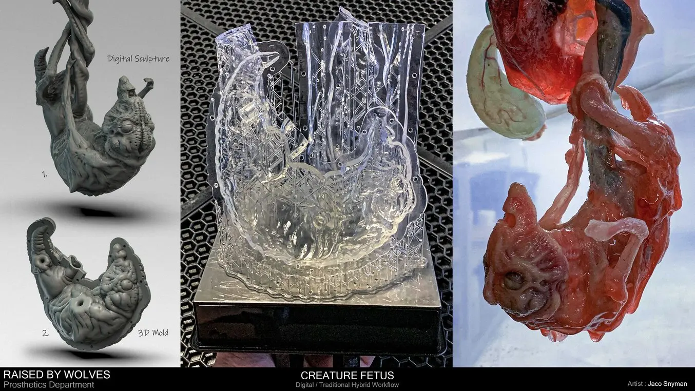 Prop making workflow with 3D printing - Digital sculpture and digital 3D mold (left), 3D printed mold (middle), and the final silicone part (right).