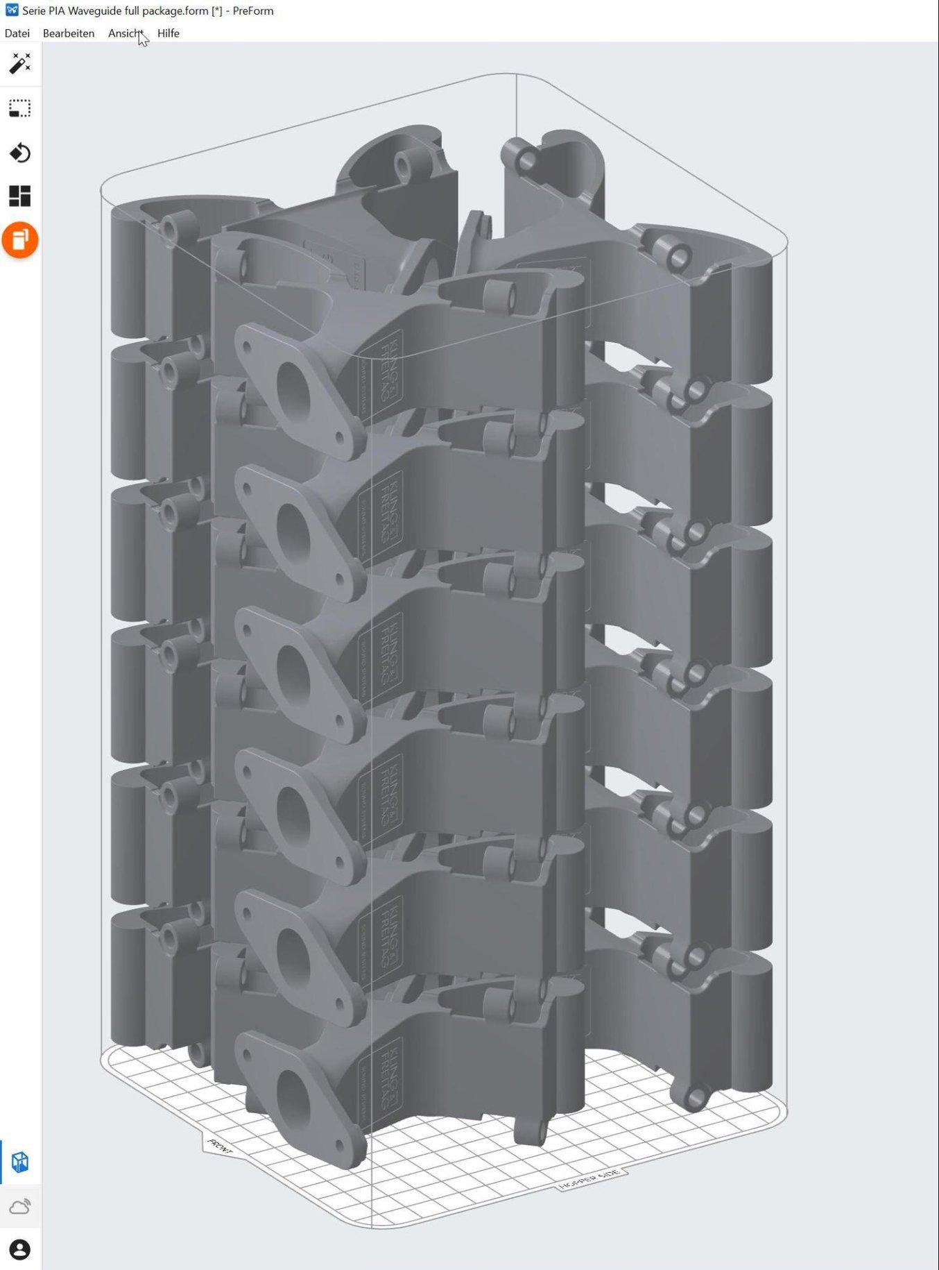 Chambre de fabrication entièrement remplie de l'imprimante 3D SLS Fuse 1, vue dans le logiciel PreForm.