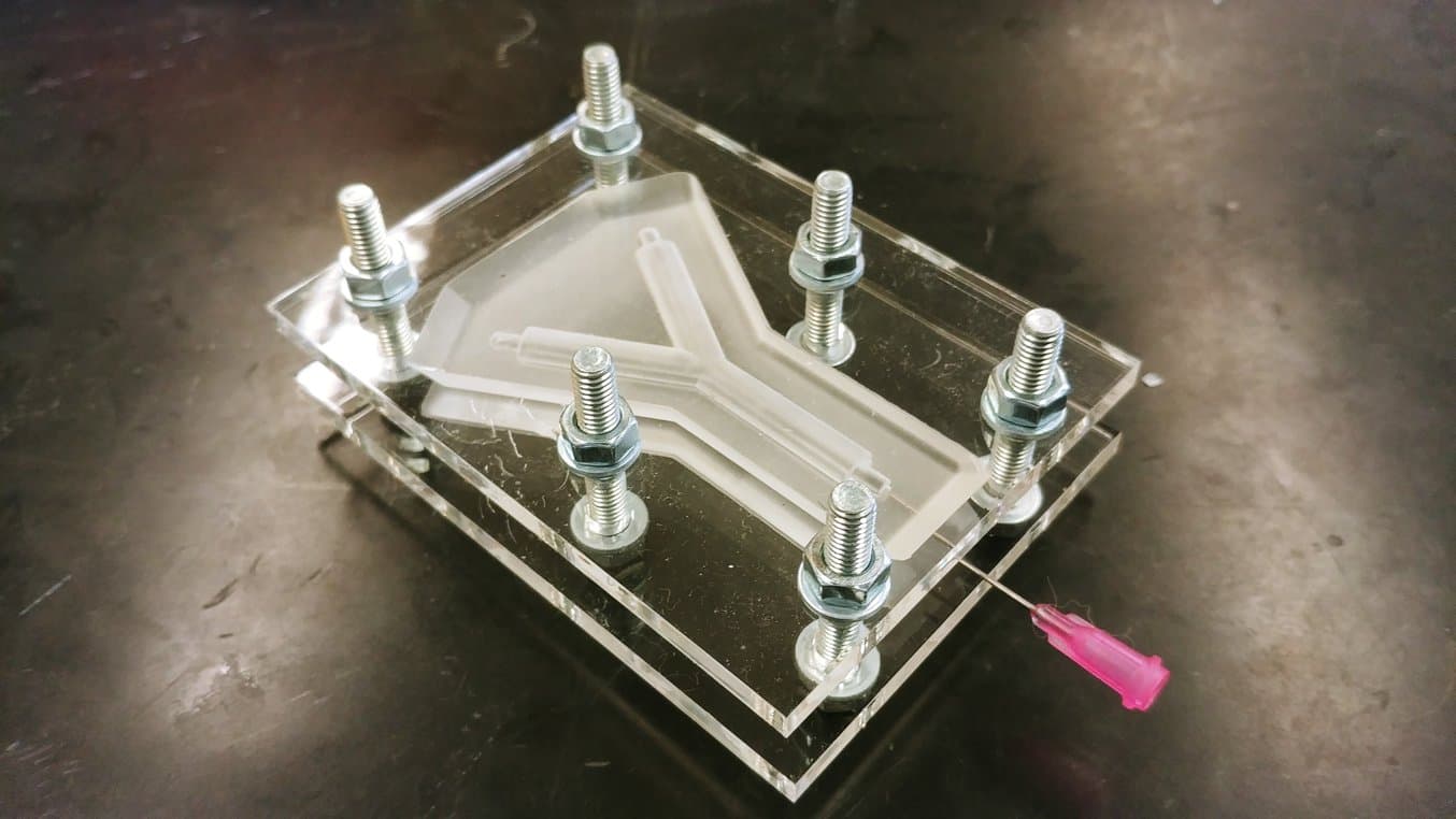 Moule - Pour réaliser cet échafaudage de vaisseau bifurqué, deux moules correspondants (haut et bas) façonnent l'extérieur de l'échafaudage et un moule à noyau de silicone qui produira le lumen de l'échafaudage.