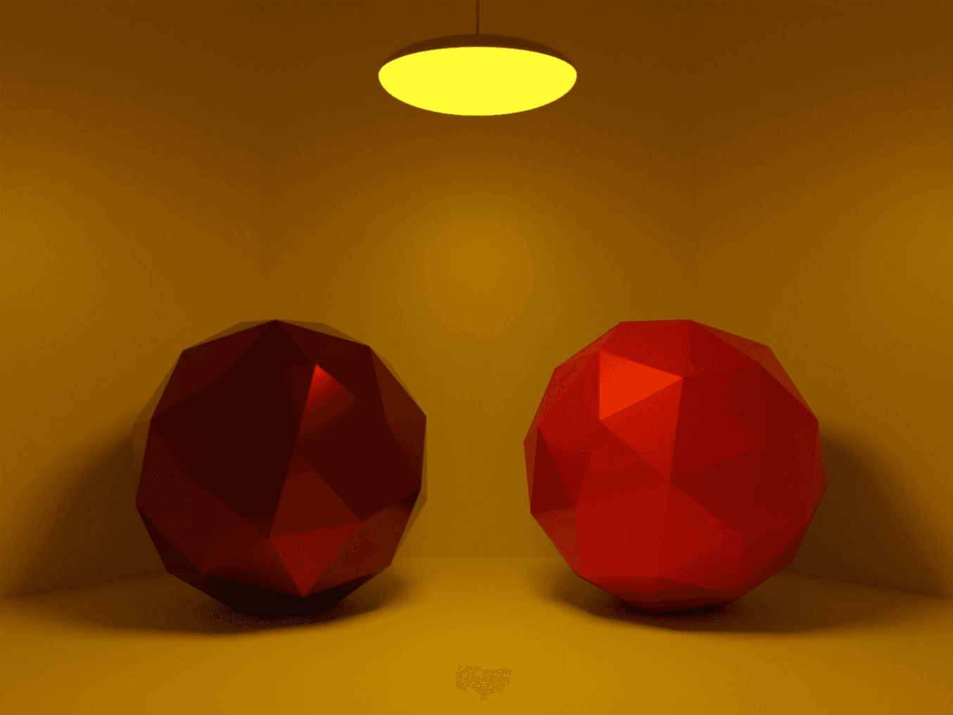A dark red object and a lighter red object in yellowish light