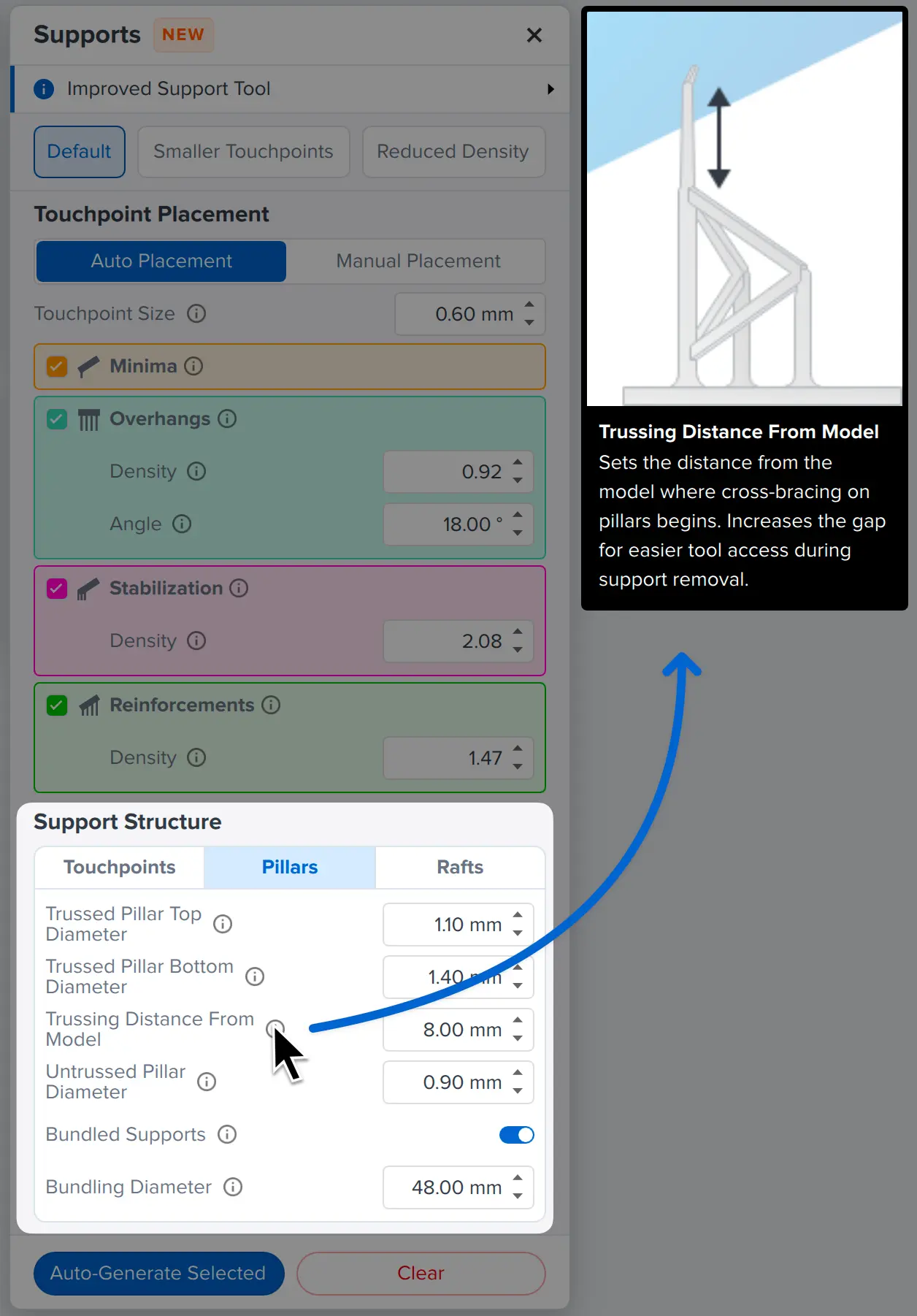 Screenshot of Support Structure menu