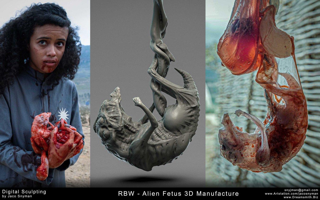 Prototype and final prop of 3D manufactured alien fetus.