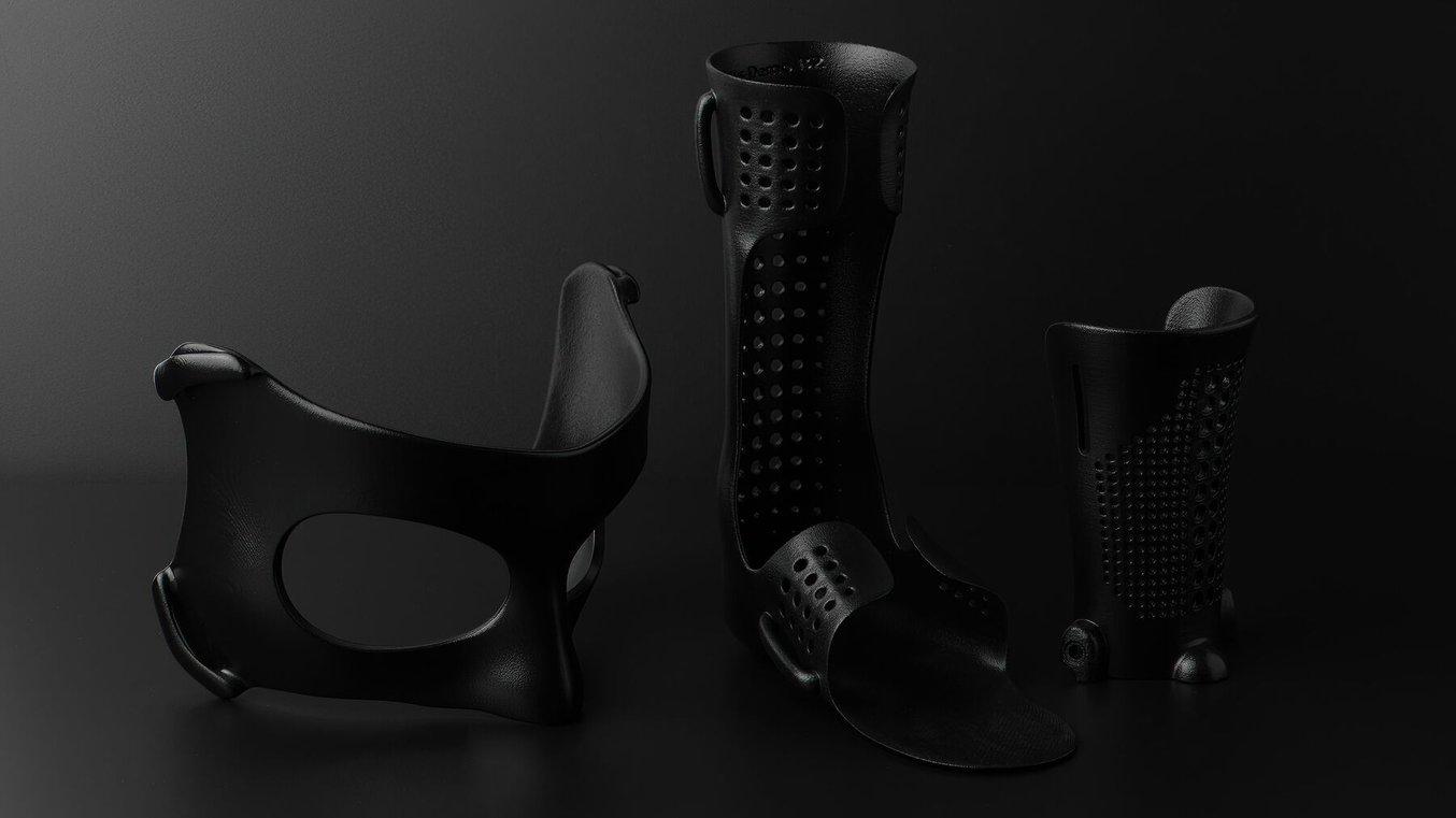 Nose protection mask and lower leg orthotics printed in black