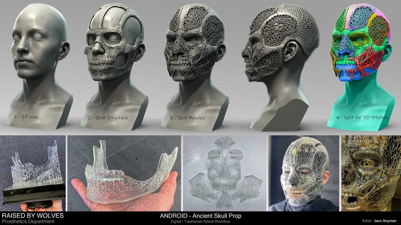 Schrittweise Herstellung des antiken Schädels mit 3D-Druck.