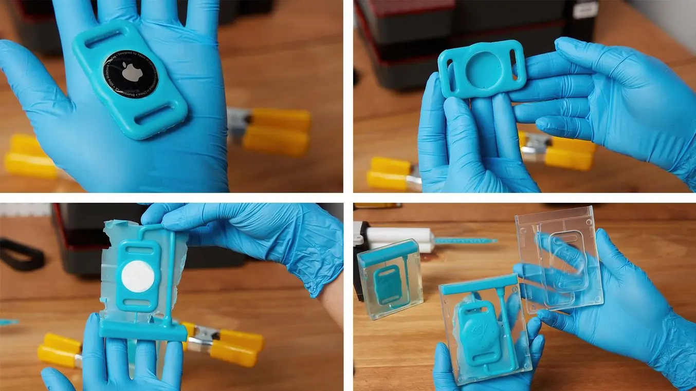 Rimozione dello stampo ed eliminazione del silicone da colata in eccesso e il portachiavi in silicone finito realizzato con un dispositivo AirTag Apple incorporato, realizzato con la stampa 3D e il silicone da colata.