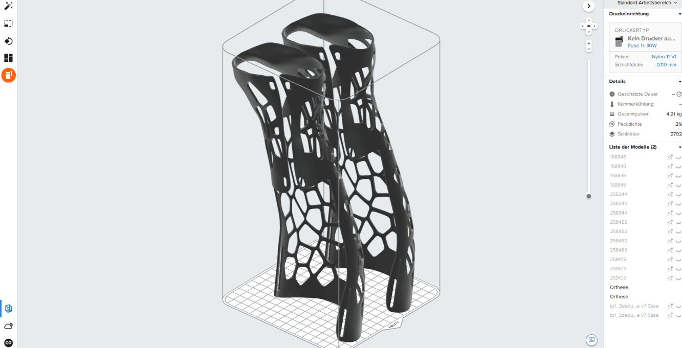 Digital representation of orthoses that are about to be 3d printed with the Fuse 1 in PreForm