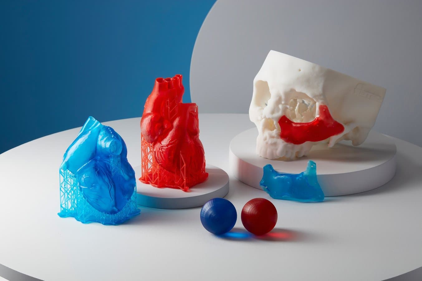 Models in blue, red, and white