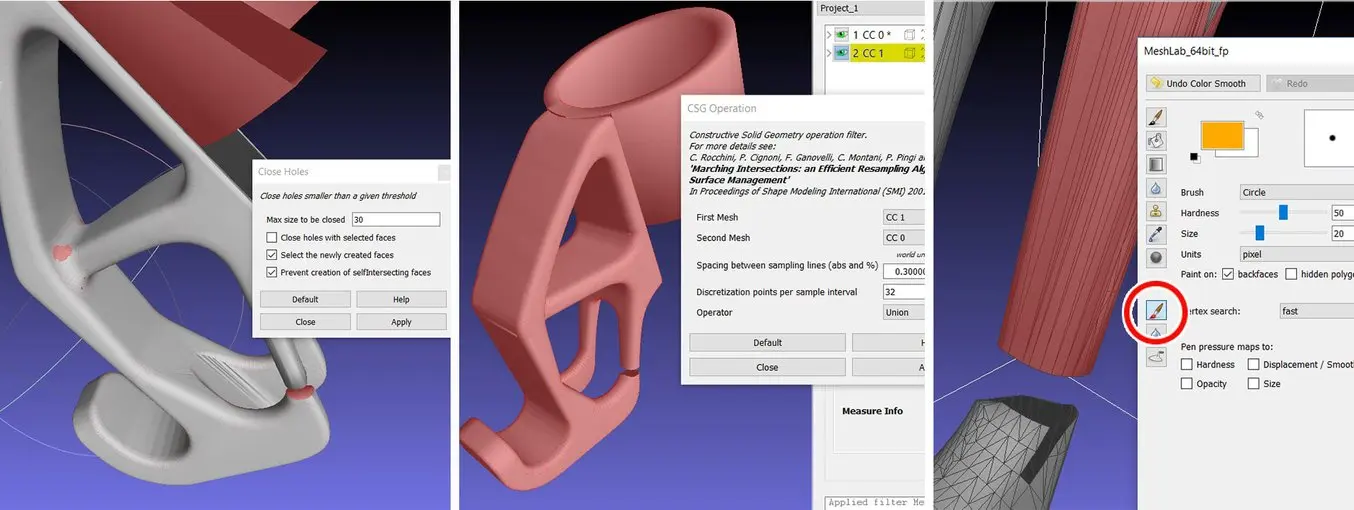 Strumenti basici di riparazione in Meshlab: chiusura di fori, operazioni booleane e selezione del pennello.