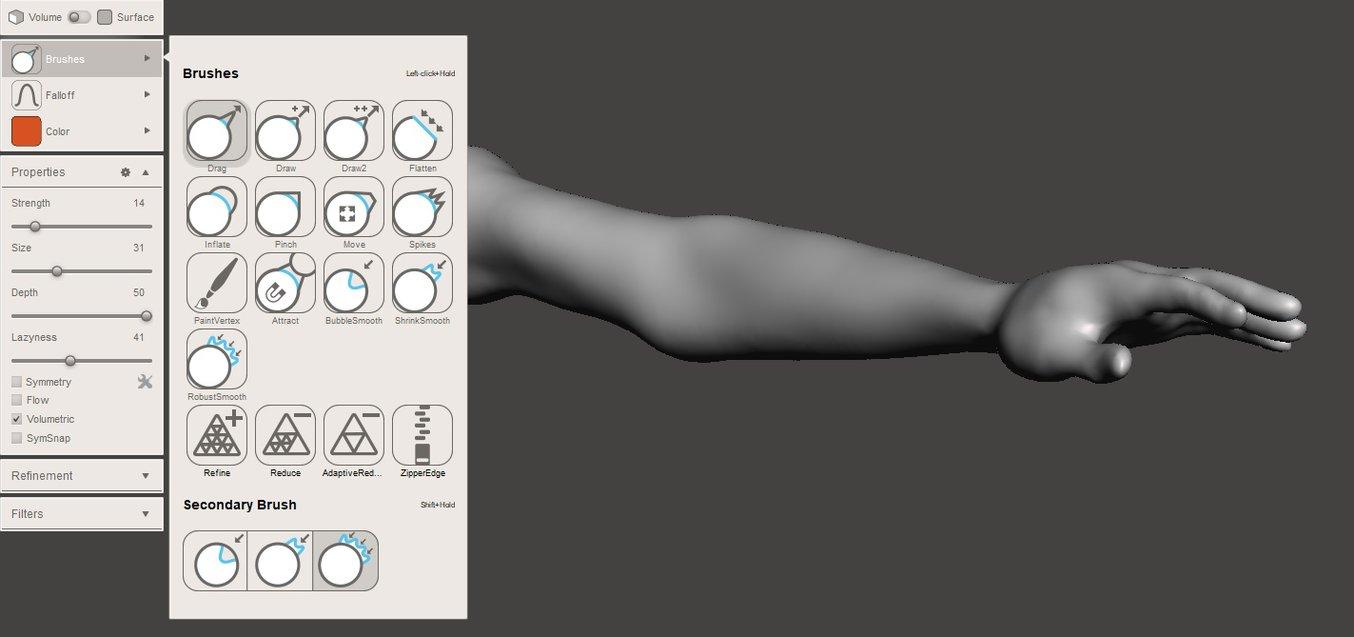 Meshmixer tutorial - Basic volume brushes transformed this arm model into a softer one that will fit our Venus of Milo model better.