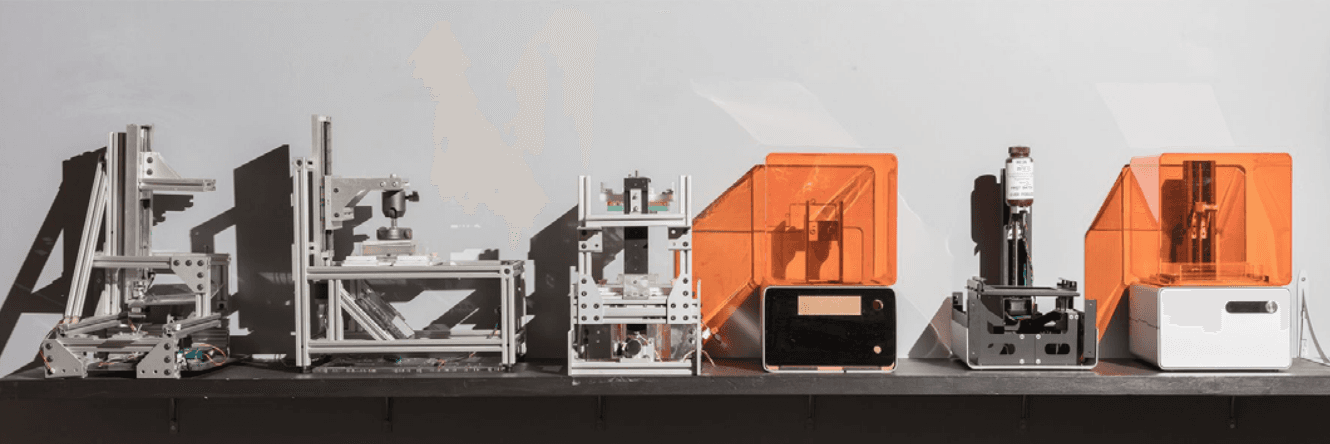 Prototypes of the Form 1, the first desktop SLA 3D printer.