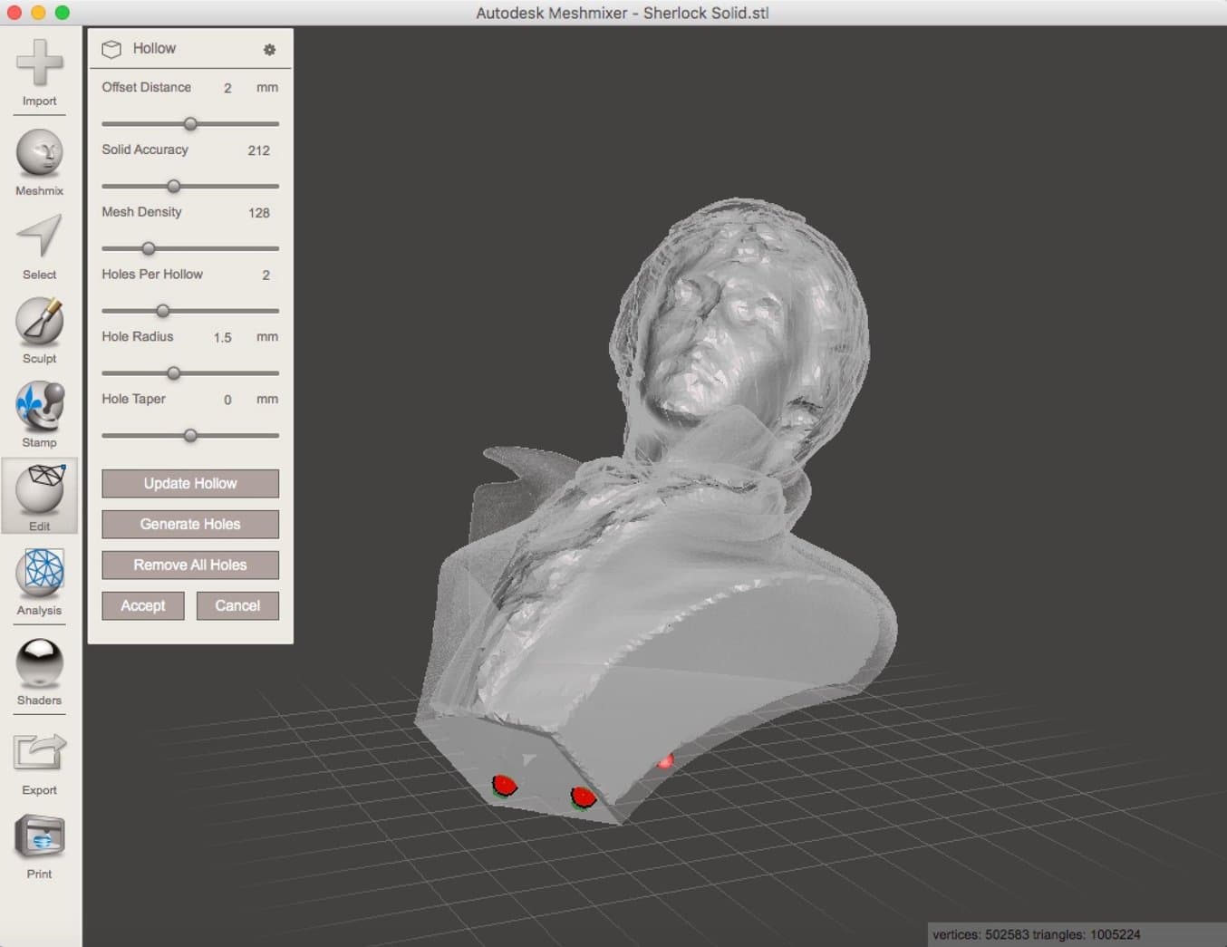 Specify the settings of your preference in Meshmixer and add vent holes to your model (red marks on the display).