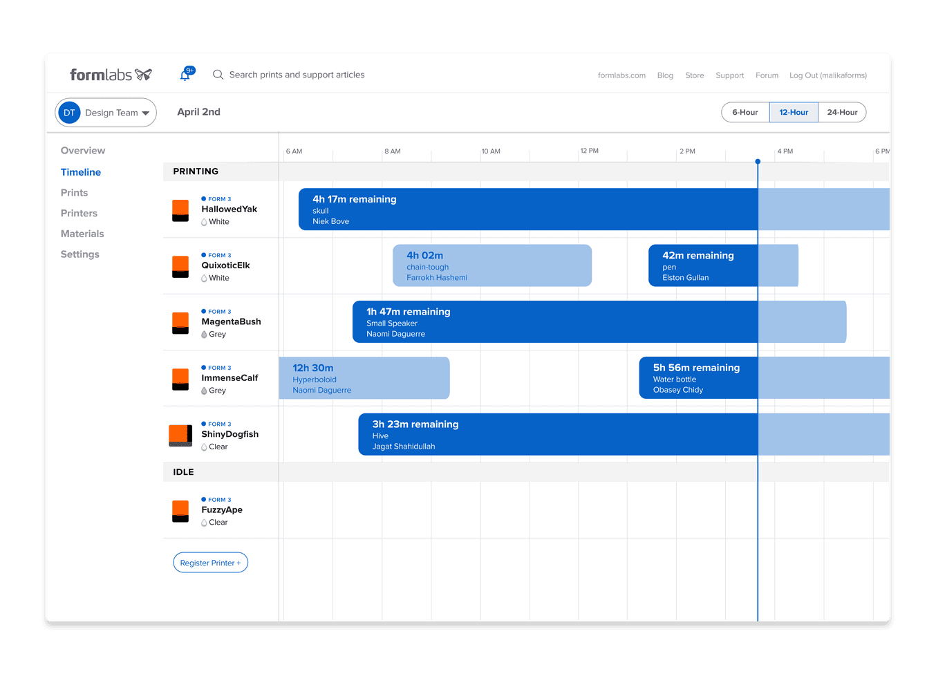 Die Druckwarteschlange in Dashboard ermöglicht es Ihnen, mehrere 3D-Drucker zu managen und zu verfolgen.