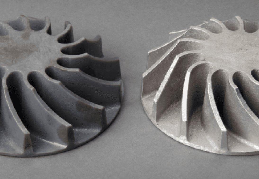 Patrón impreso con la Grey Resin (izquierda) y fundición de aluminio acabada a partir de un molde de arena abierto (derecha).