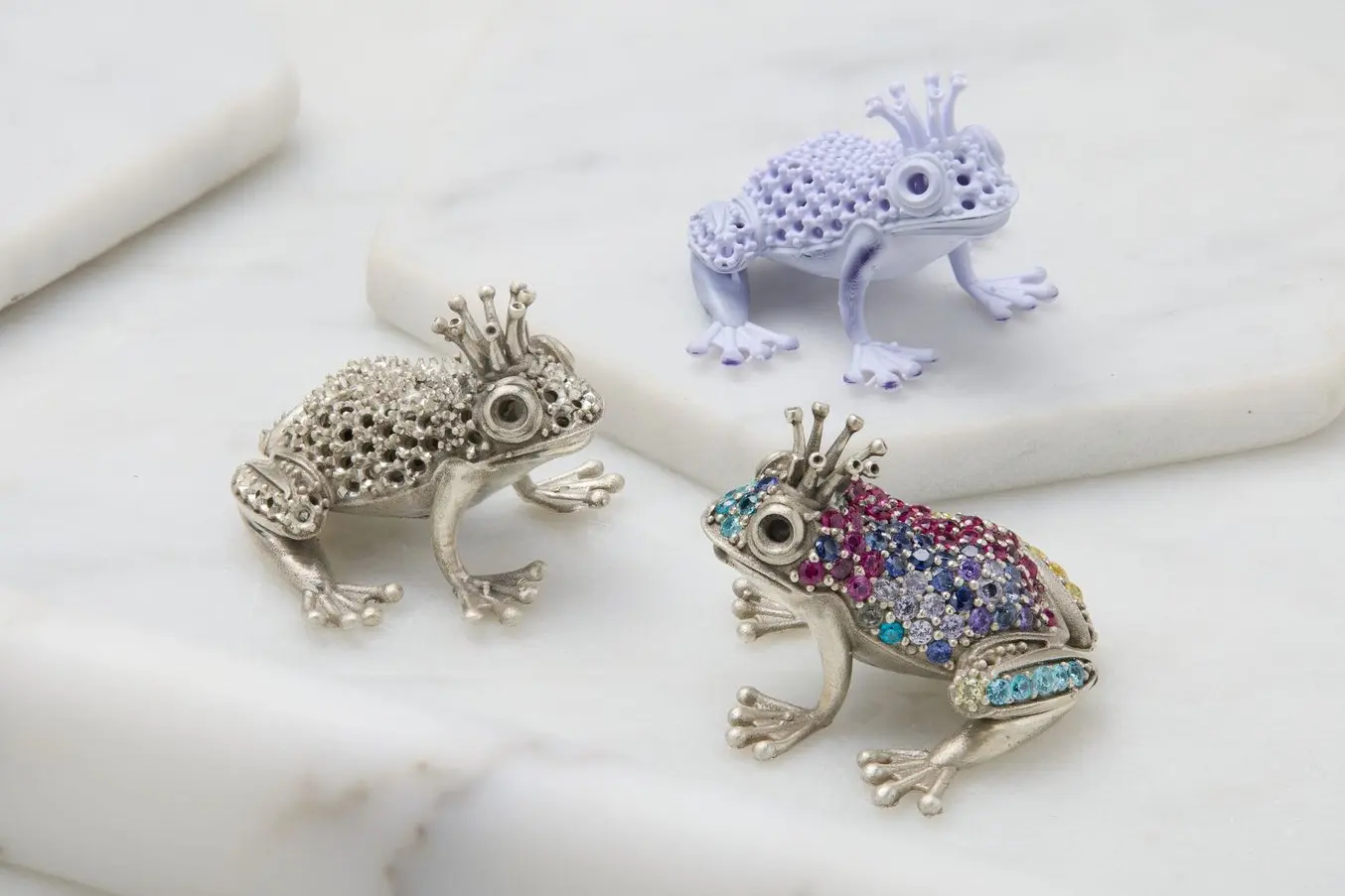Small frog print printed in True Cast Resin, cast, and then set with stones