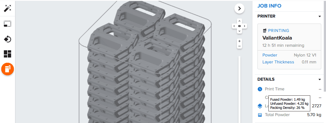 Usa PreForm, nuestro software de preparación de impresiones, para comprobar la cantidad de polvo fundido y polvo sin fundir, así como la densidad de compactación, en cualquier impresión de la Fuse 1.