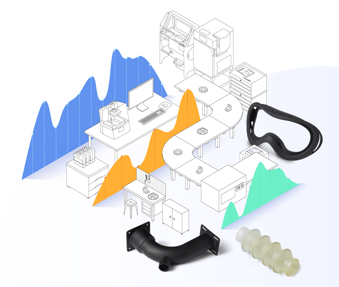 Illustration showing 3D printers for manufacturing.