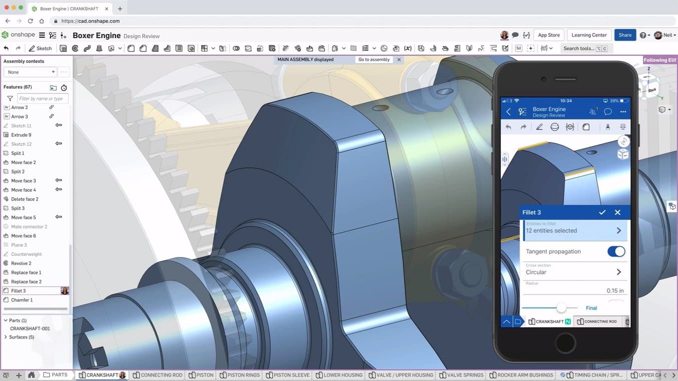 OnShape funciona simultáneamente en múltiples dispositivos y sus capacidades de diseño paramétrico son impecables.